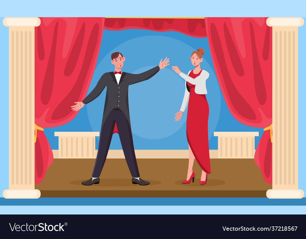 Opera theater scene with red curtain 2 tenors Vector Image