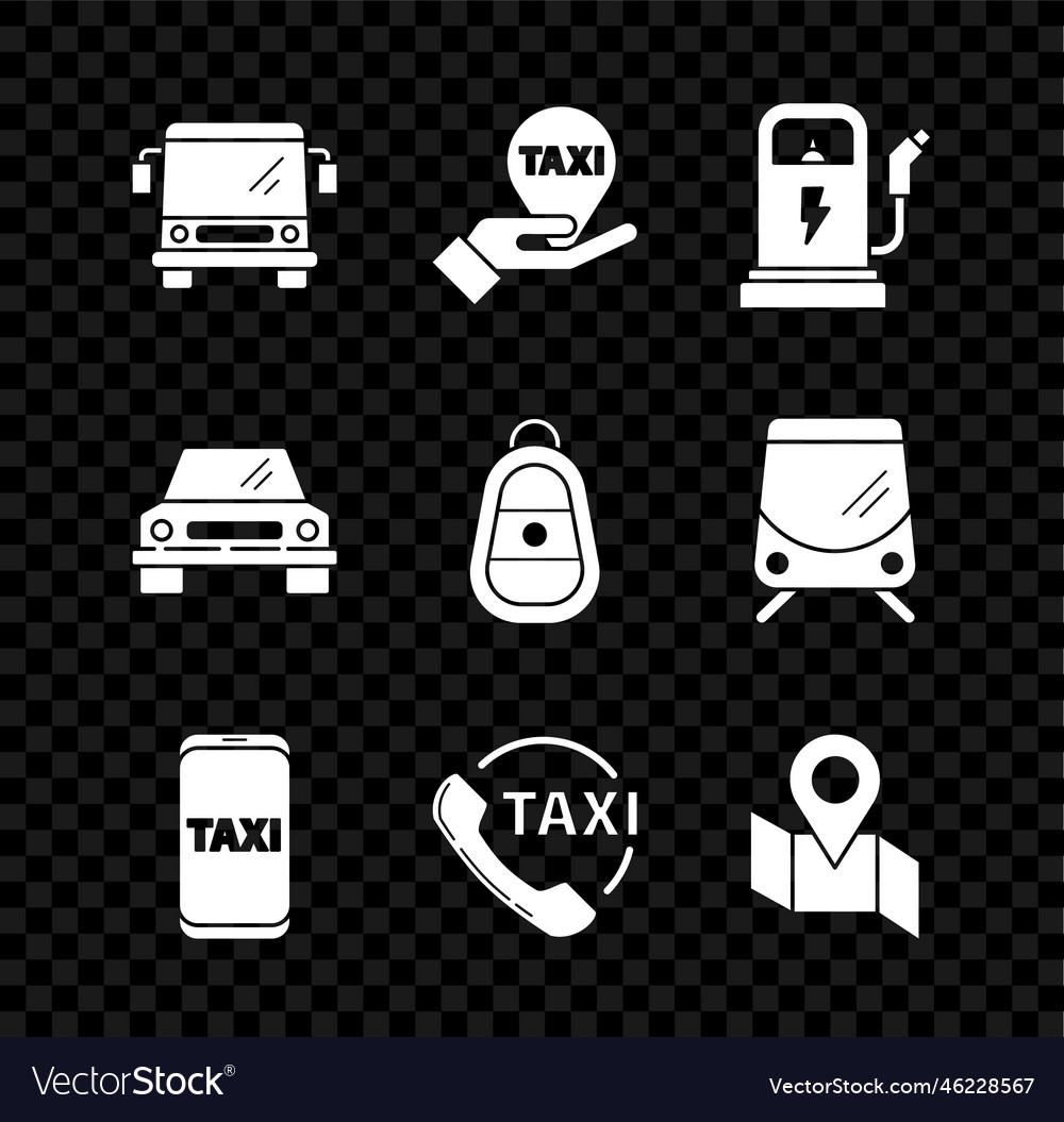 Set bus hand on map pointer with taxi electric vector image Set bus hand on map pointer with taxi electric