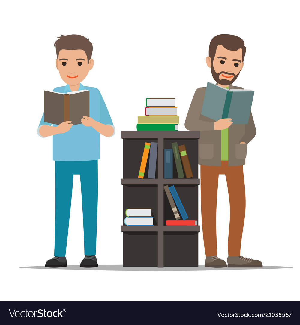 Two Men Reading Bookshelf