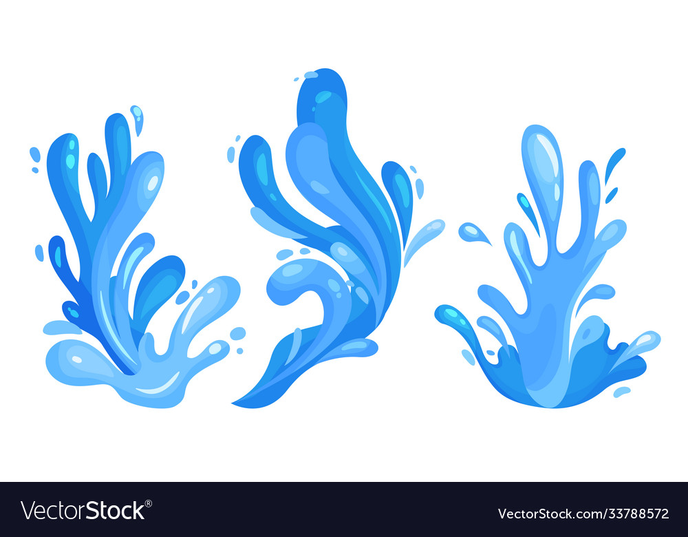 Blue curved water splashes with drops set