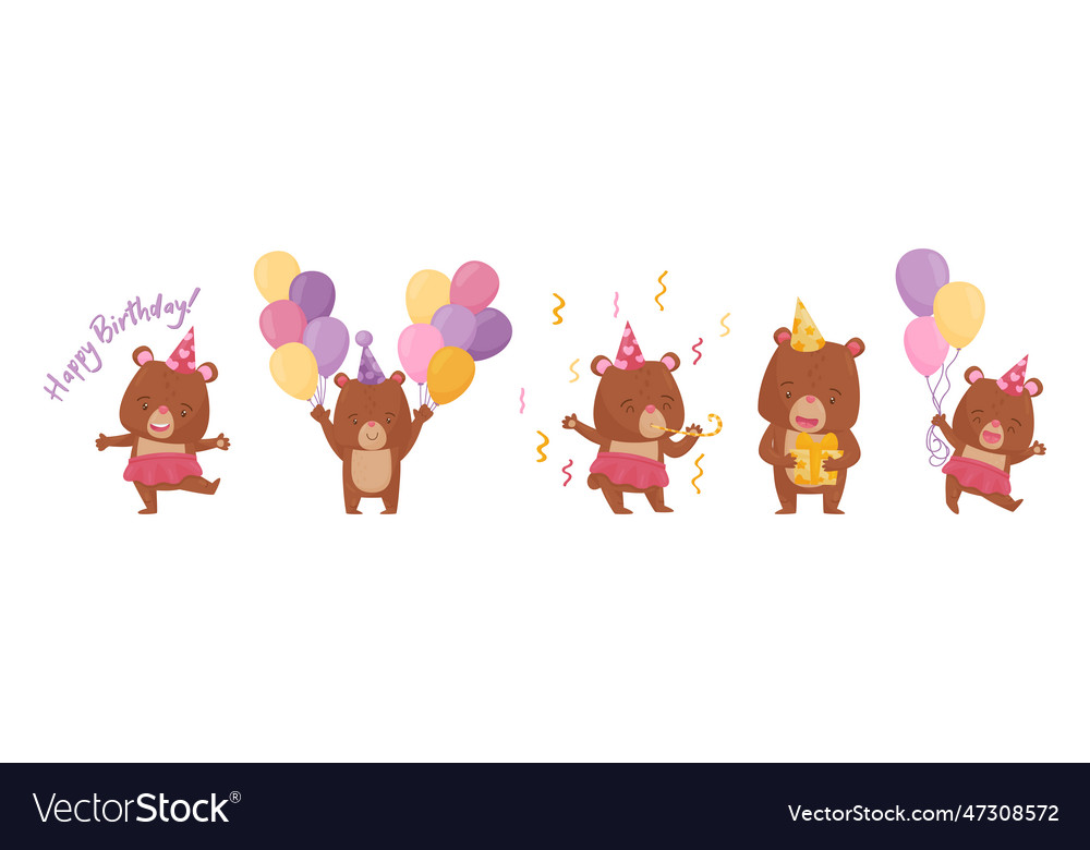 Cute bear character in birthday hat celebrating