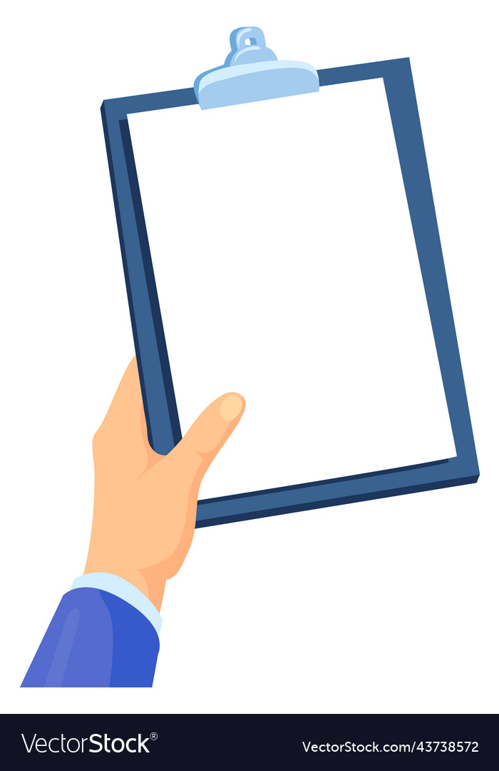 Hand holding paper document on clipboard white