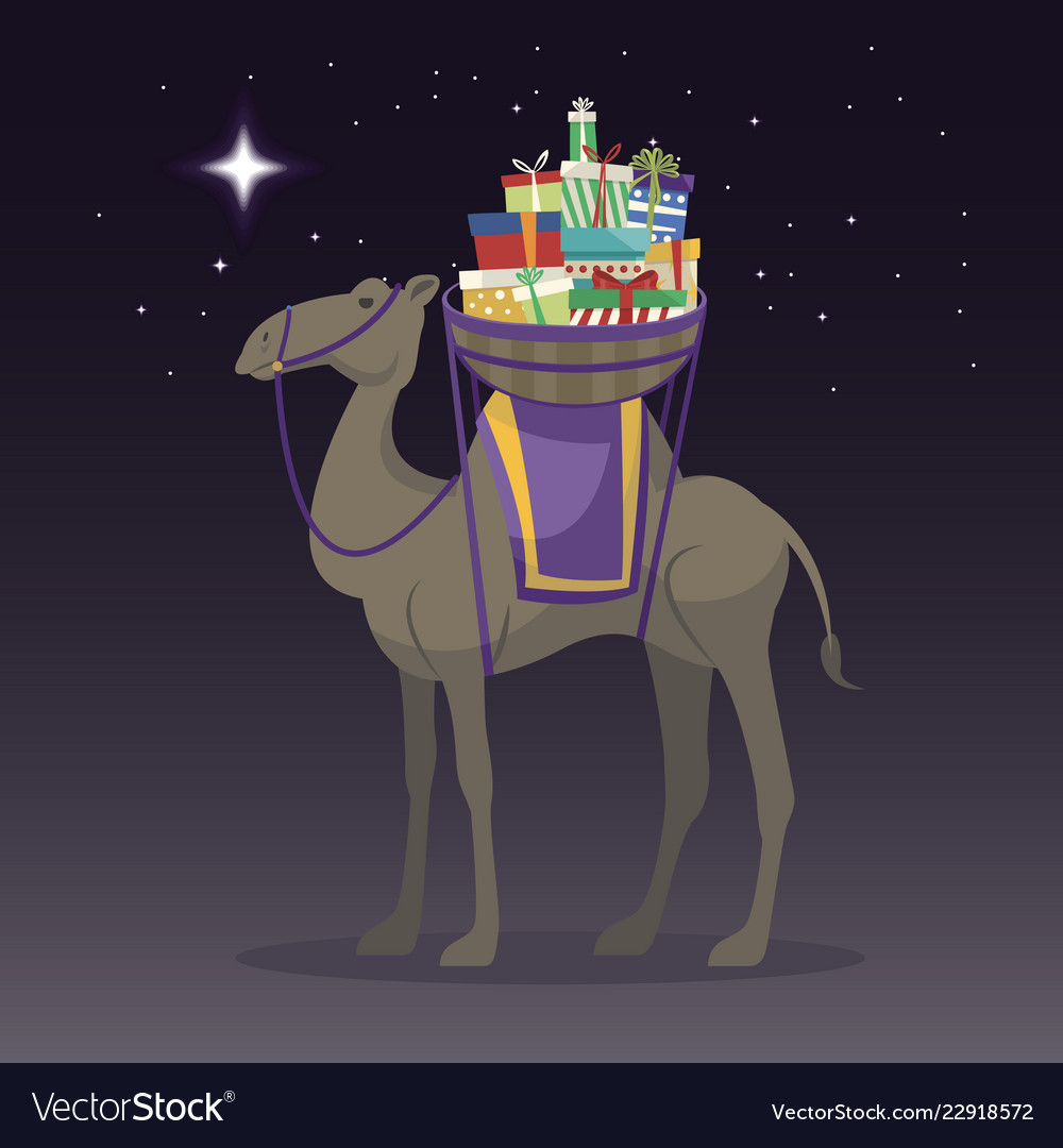 Happy epiphany day camel transporting gifts