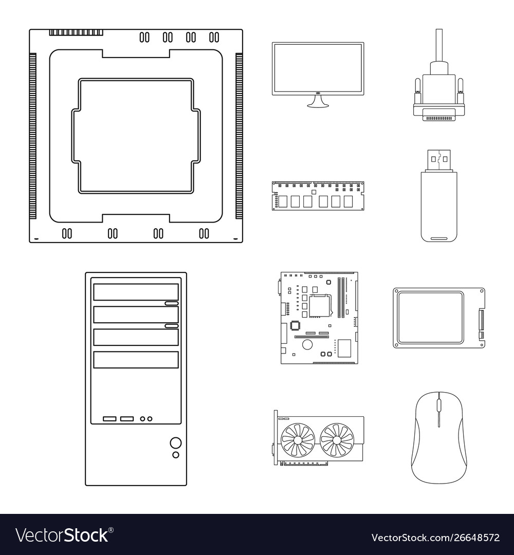 Isolated object pc and component symbol set vector image Isolated object pc and component symbol set