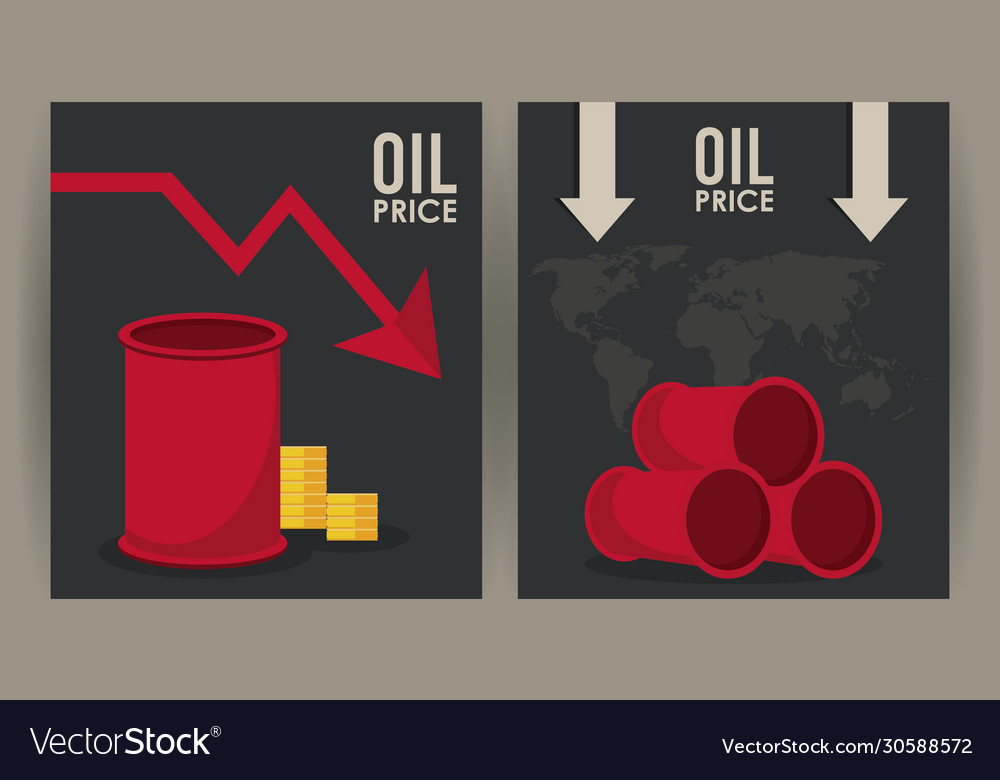 Oil price infographic with barrels and arrows