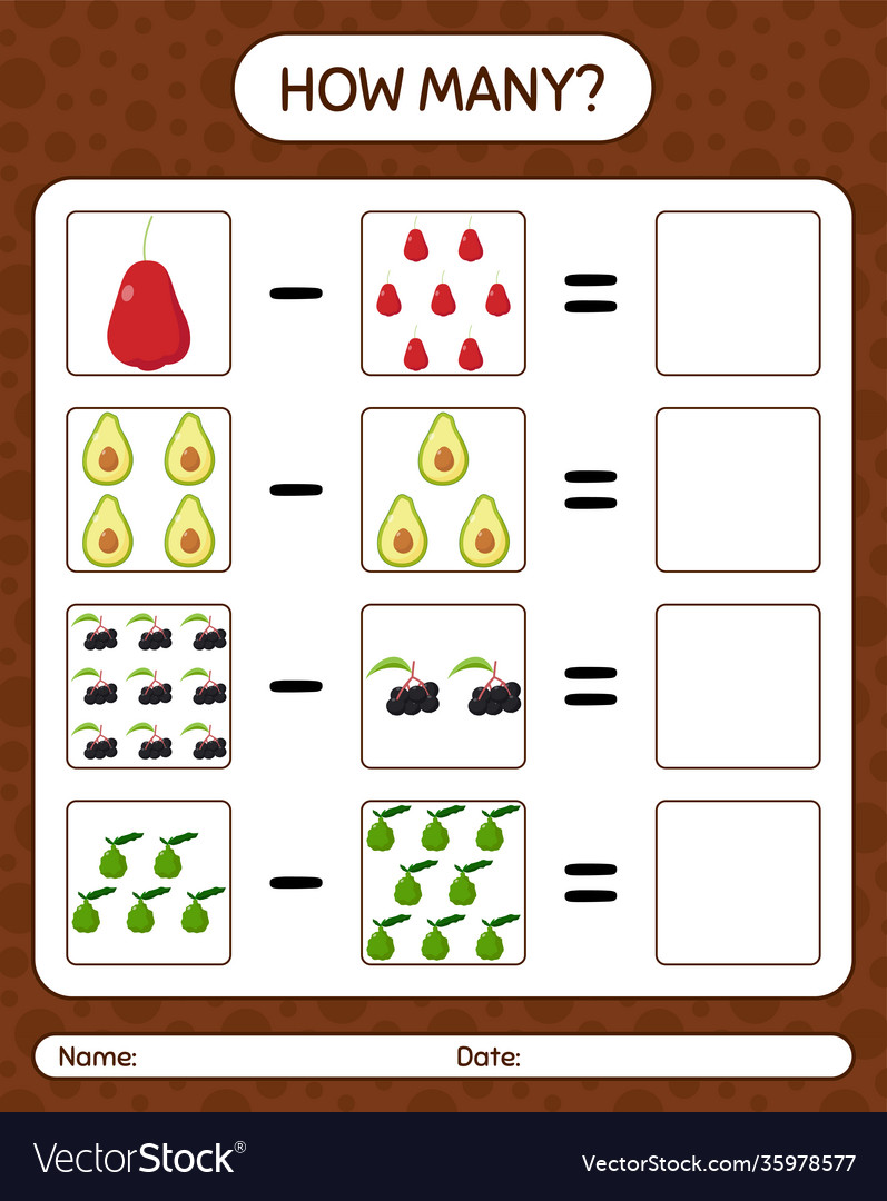 How many counting game with fruit worksheet vector image How many counting game with fruit worksheet