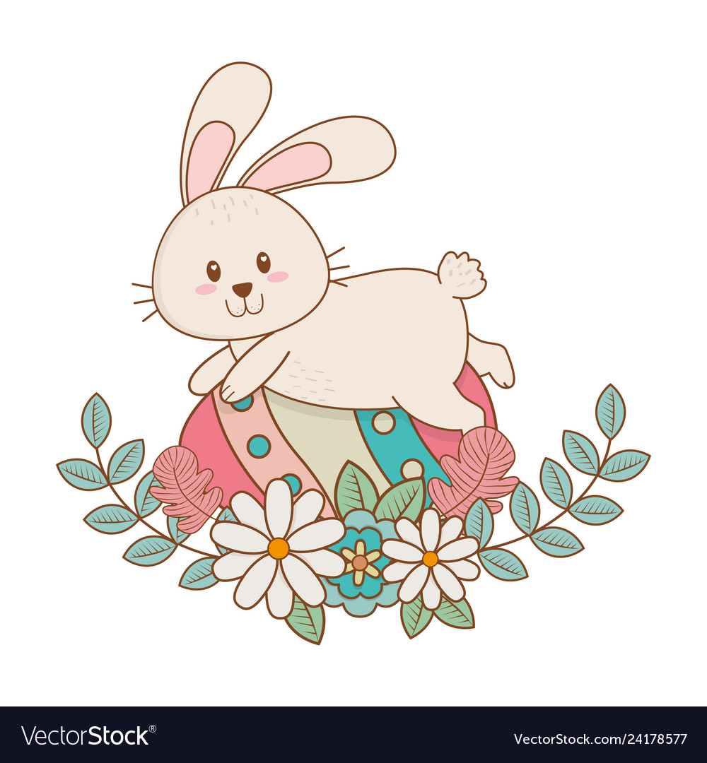 Little rabbit with egg painted and flowers easter