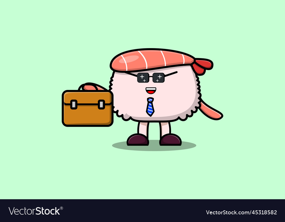 Cartoon sushi shrimp businessman holding suitcase