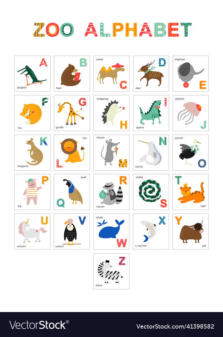 Cute english zoo alphabet with table for children Vector Image