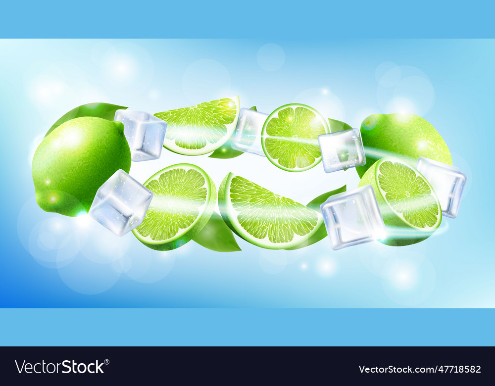 Fresh lime with ice cubes falling or flying