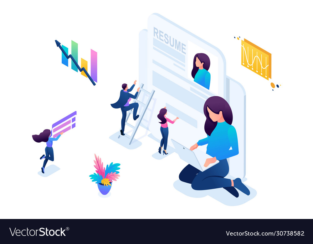 Isometric girl makes a resume job seeker concept