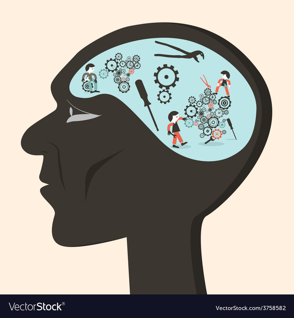 Man head with cogs and workers