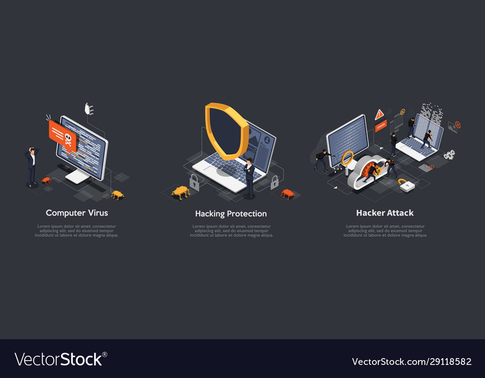 Set isometric hacking concept vector image Set isometric hacking concept