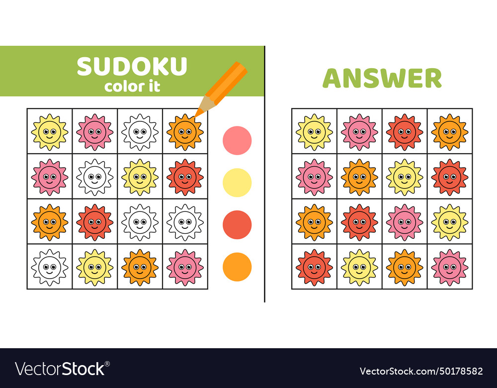 Sudoku sun coloring with cartoon Royalty Free Vector Image