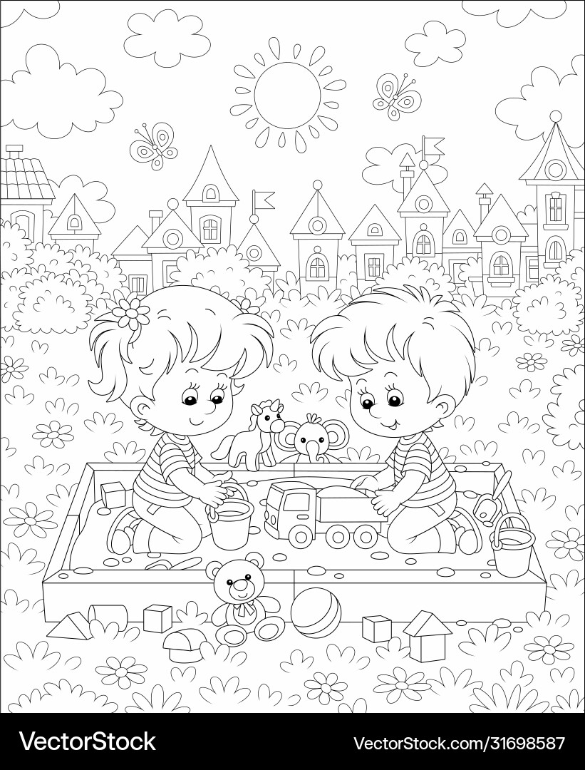 Happy small children playing in a sandbox Vector Image