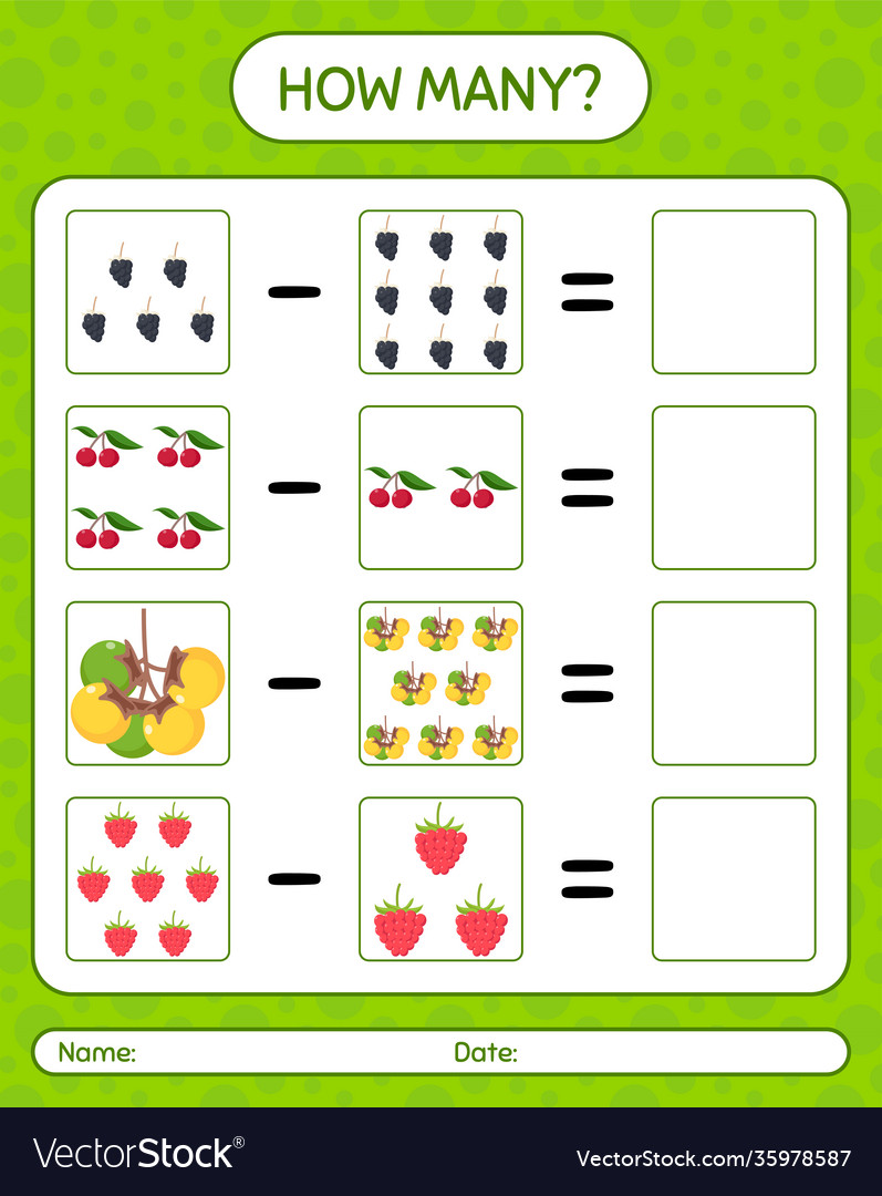 How many counting game with fruit worksheet vector image How many counting game with fruit worksheet