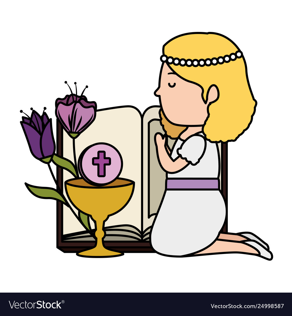 Little kneeling girl with bible and flowers first