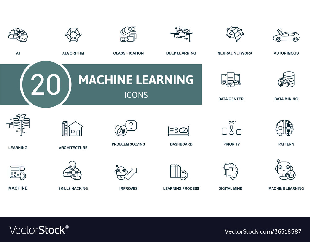 Machine learning icon set contains editable icons vector image Machine learning icon set contains editable icons