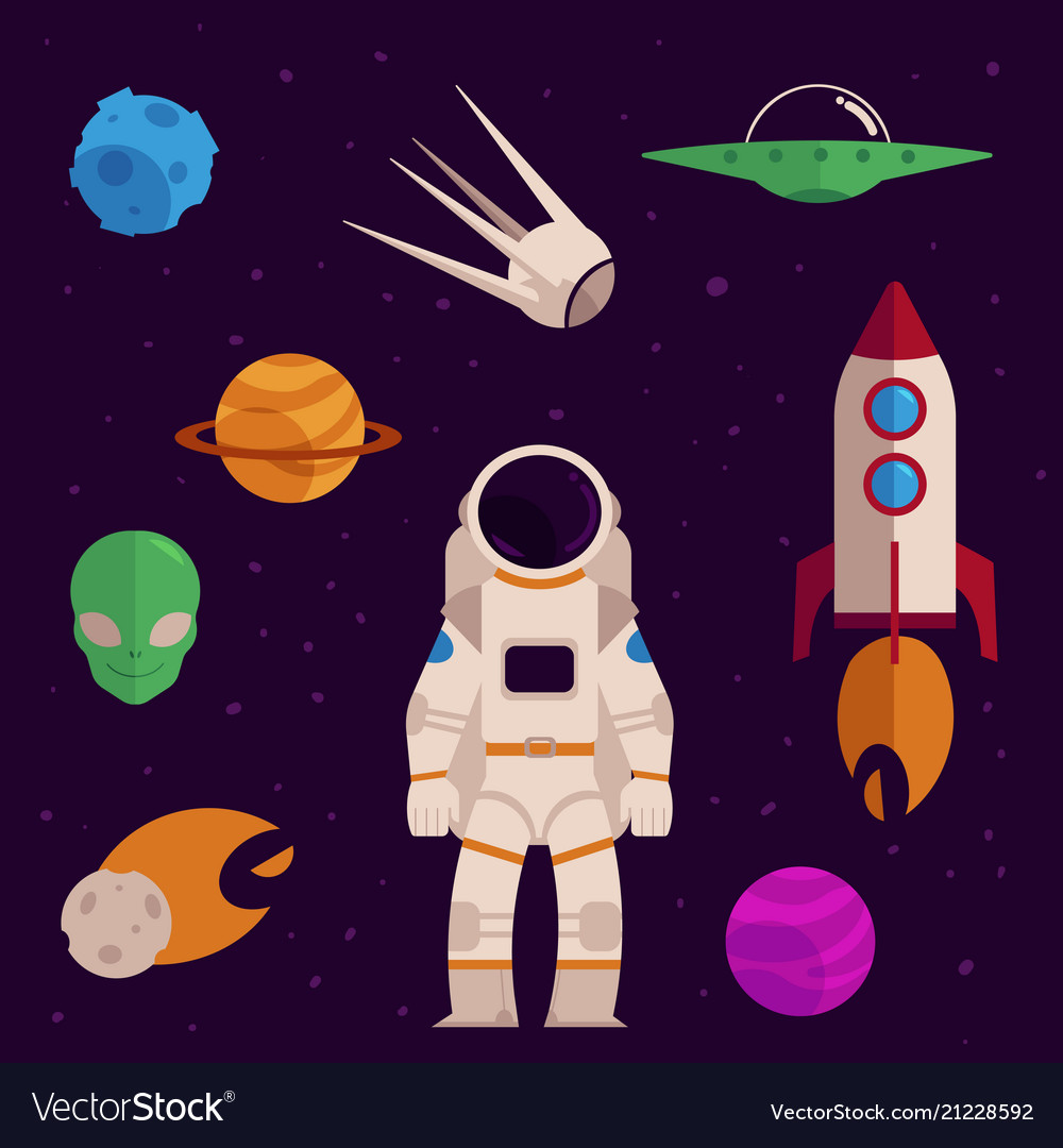 Flat space cosmos objects icon set