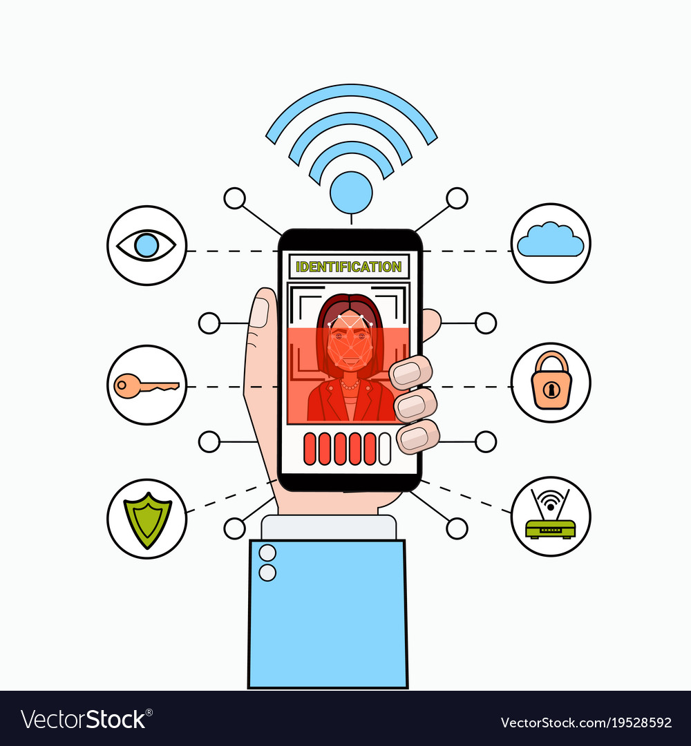 Hand holding smart phone scanning female user face