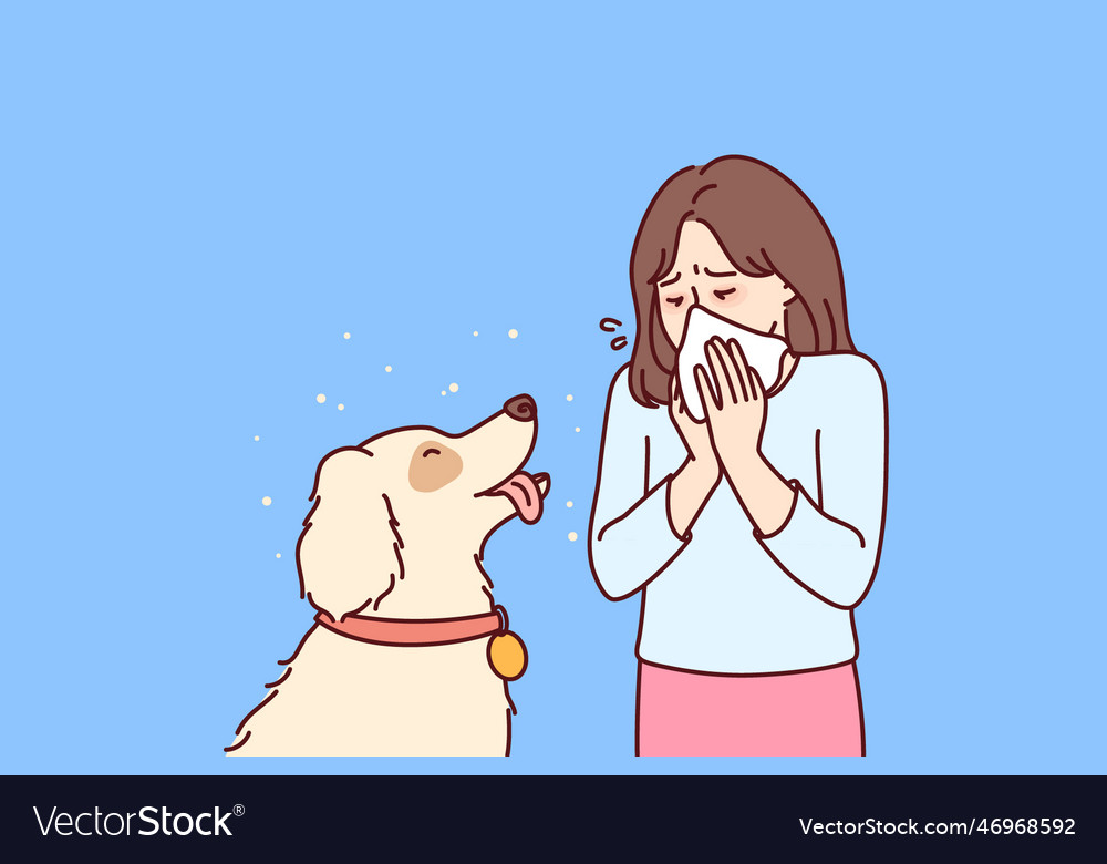 Little girl with dog suffers from allergies Vector Image