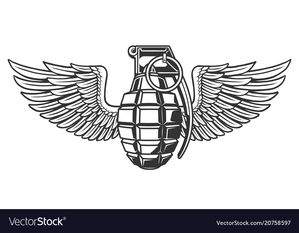 Hand grenade in black white colors with wing Vector Image