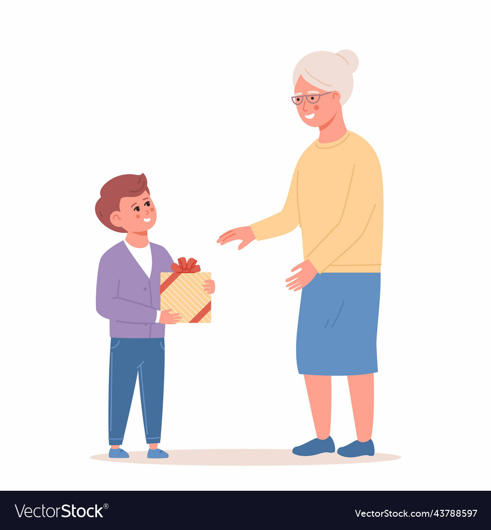 granny and boy Little boy giving a present to grandma grandson Vector Image