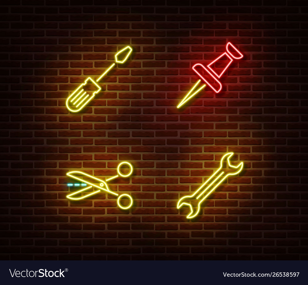 Neon screwdriver pin scissors wrench signs vect
