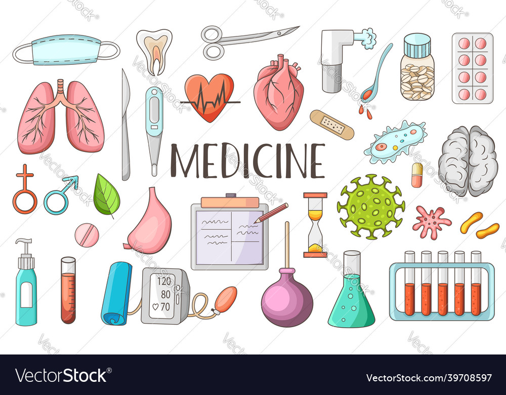 Set of medical and health care doodles Royalty Free Vector