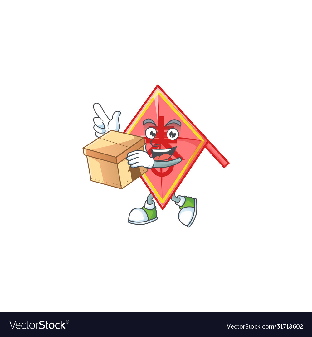 Cute chinese red kite cartoon character having box Cute chinese red kite cartoon character having box