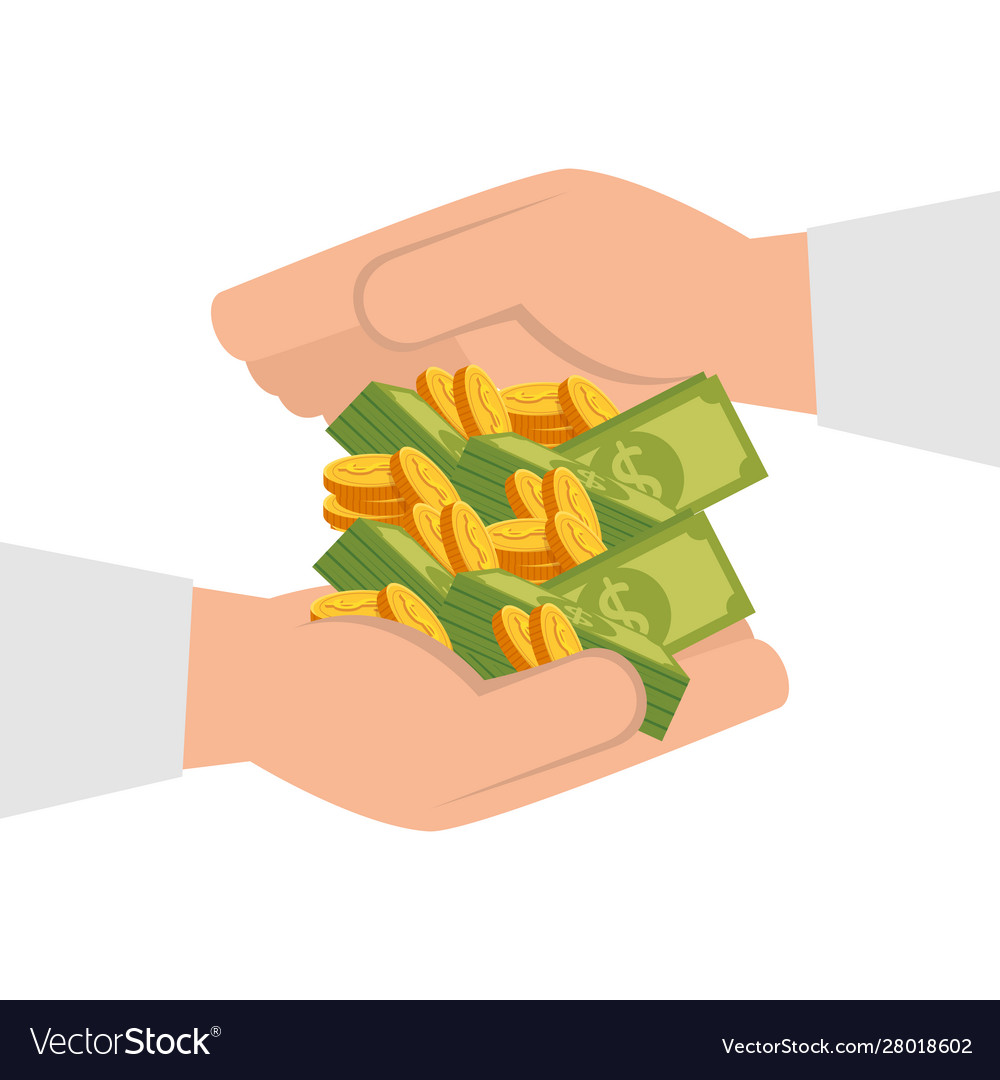 Hand with coins and bills isolated icon