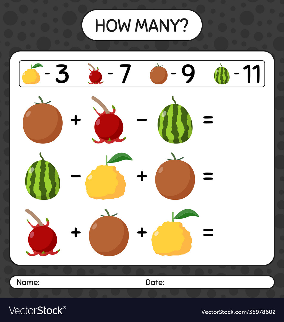How many counting game with fruit worksheet vector image How many counting game with fruit worksheet