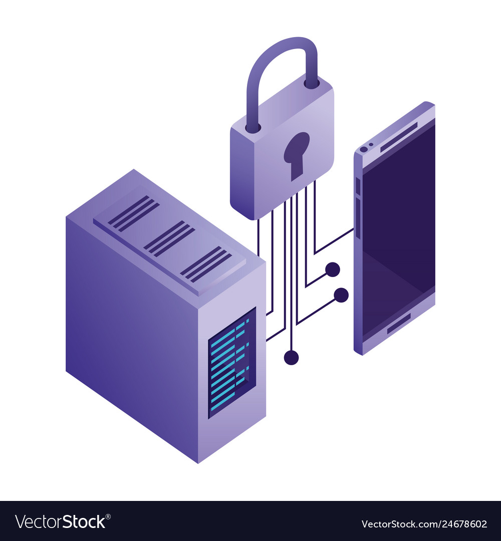 Smartphone device with data server and padlock vector image Smartphone device with data server and padlock