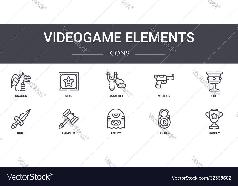 Videogame elements concept line icons set