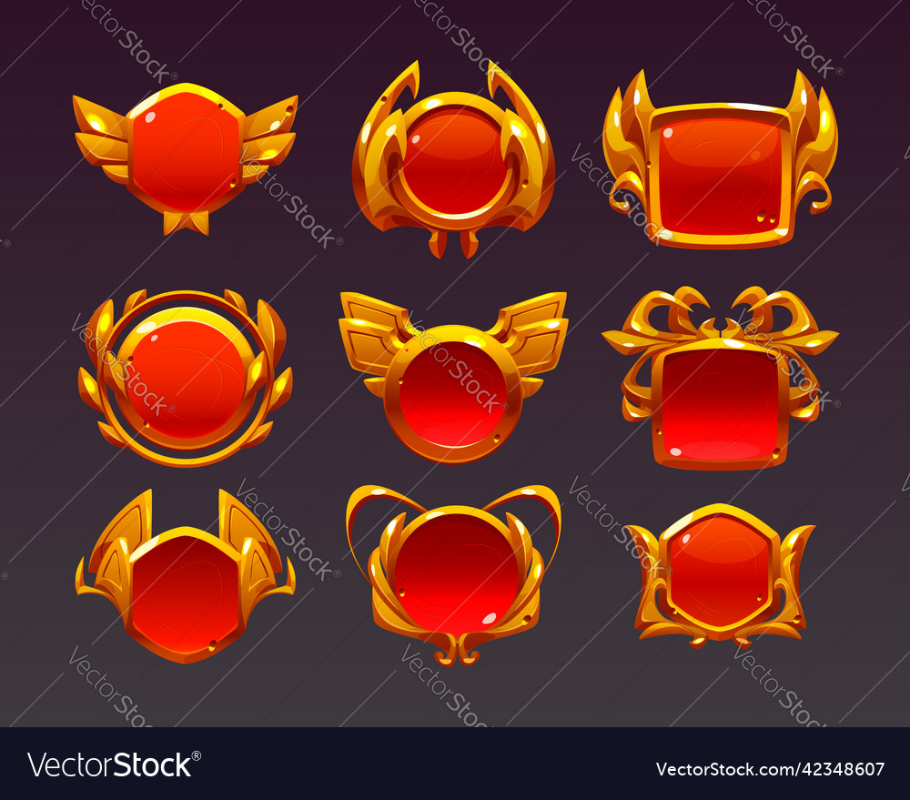 Fantasy Game Vector Icon Set, Medieval UI Game Badge, Wooden