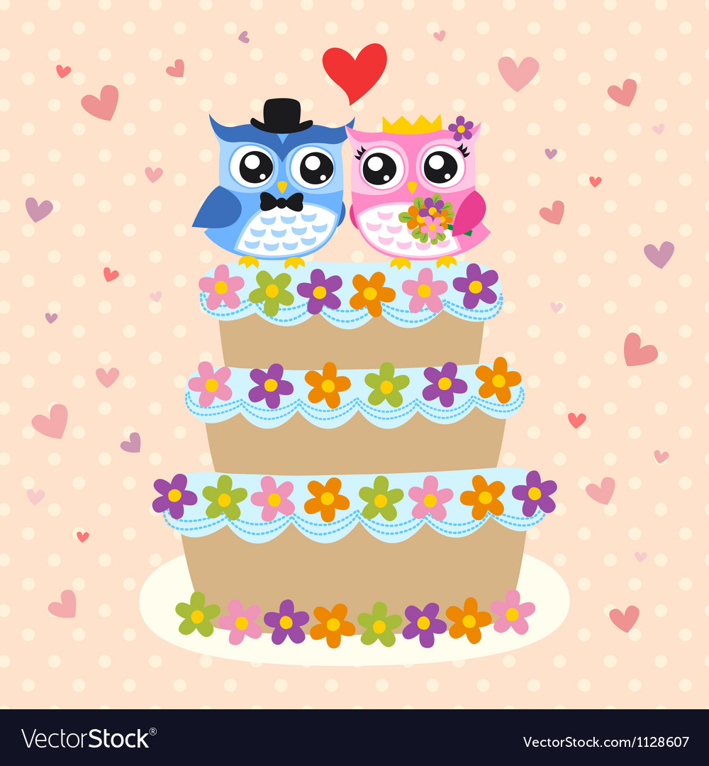 Owls couple and wedding cake