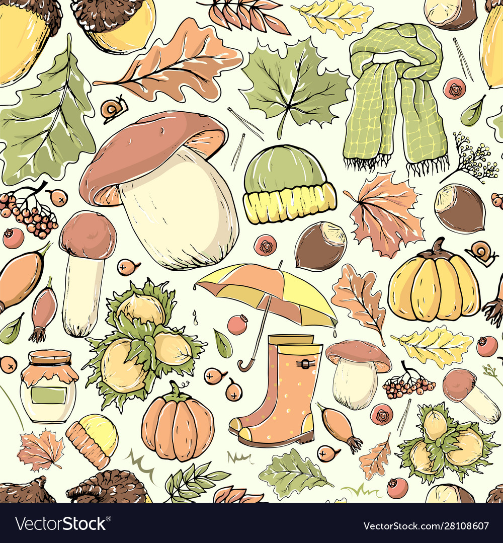 Seamless pattern with autumn objects multicolored Vector Image