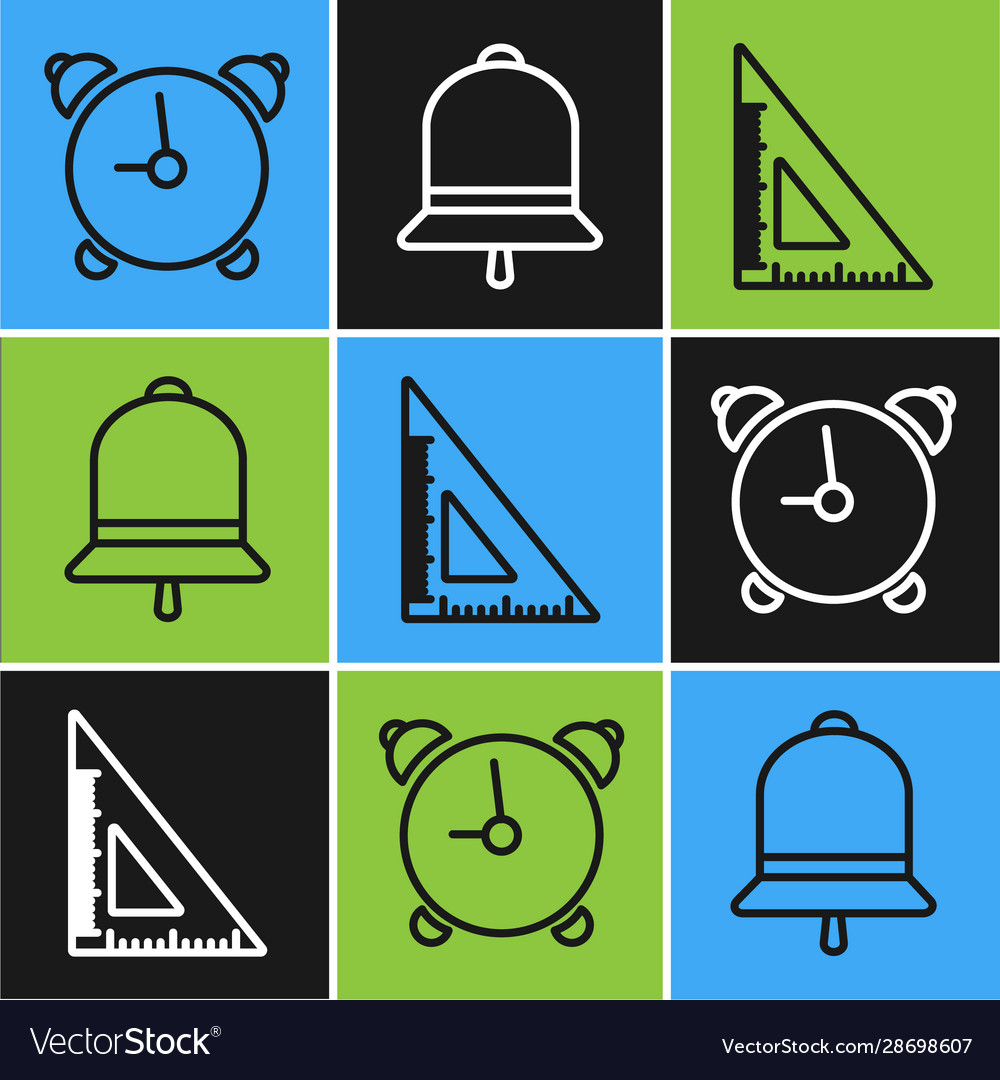 Set line alarm clock triangular ruler and ringing vector image Set line alarm clock triangular ruler and ringing