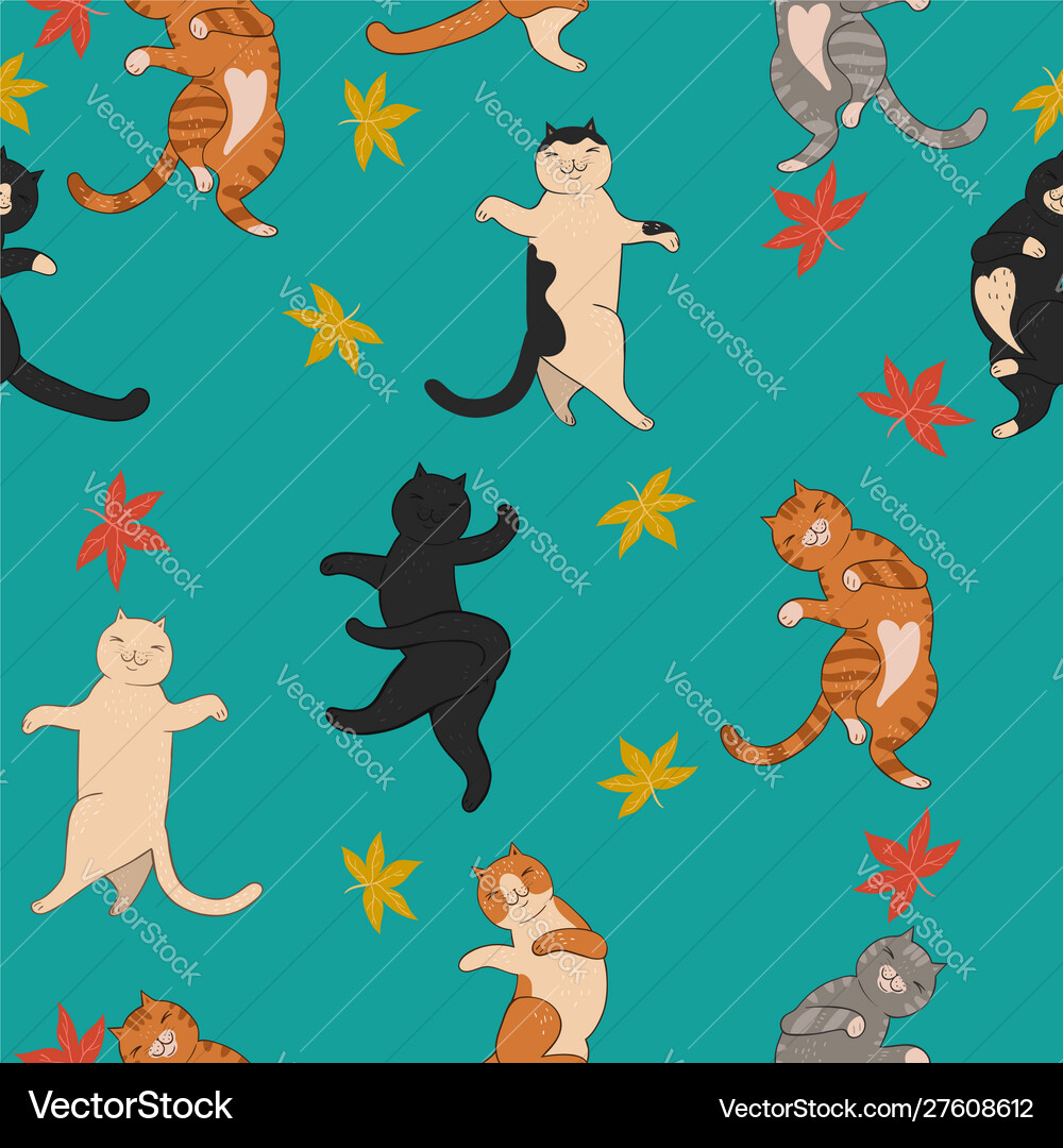 Jumping Cats & Falling Leaves Pattern Vector Image