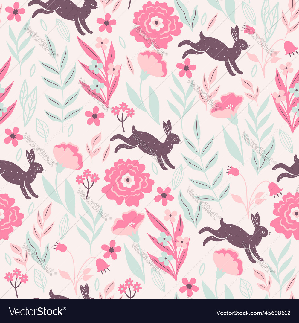 Light seamless pattern with rabbits and flowers vector image Light seamless pattern with rabbits and flowers