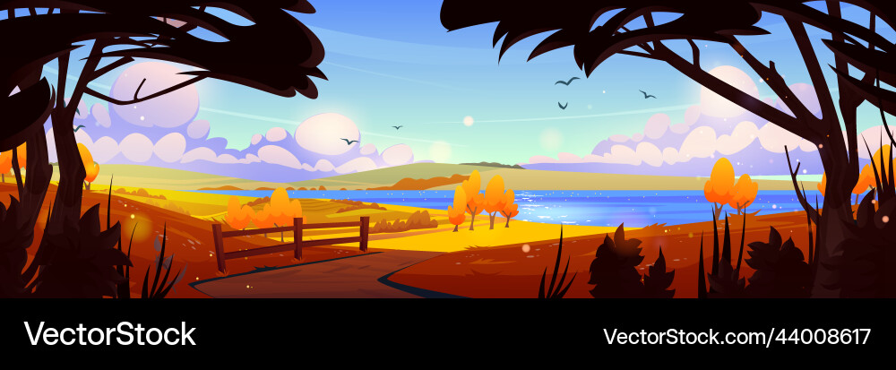 Autumn rural scene with river trees fields Vector Image