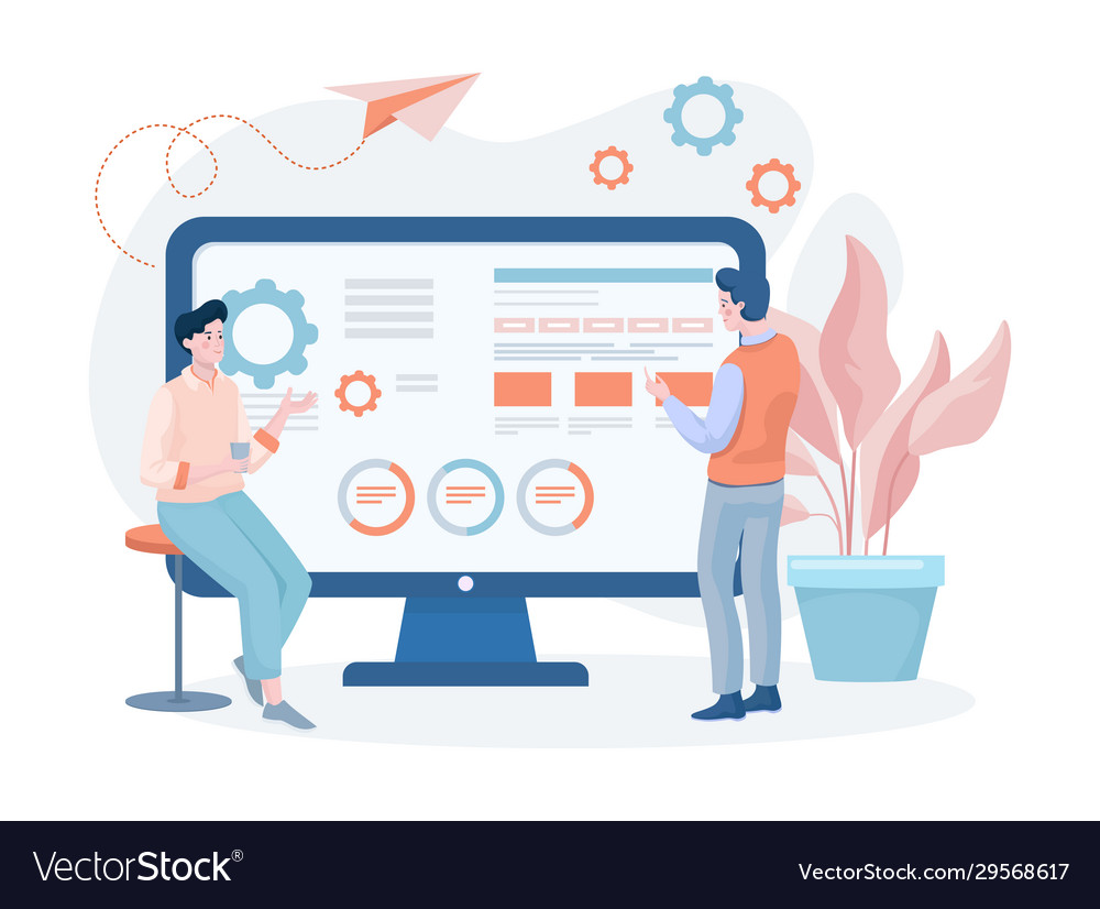 Men developing website or mobile application vector image Men developing website or mobile application