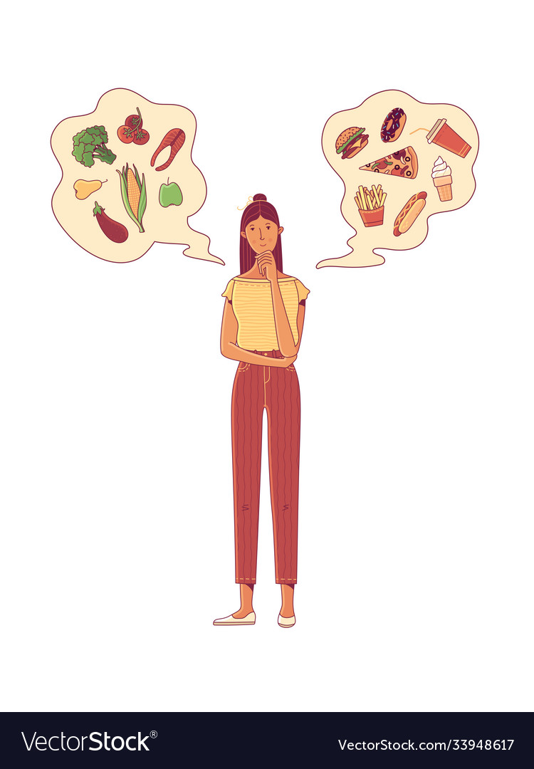 Young woman choosing between healthy fresh food Vector Image