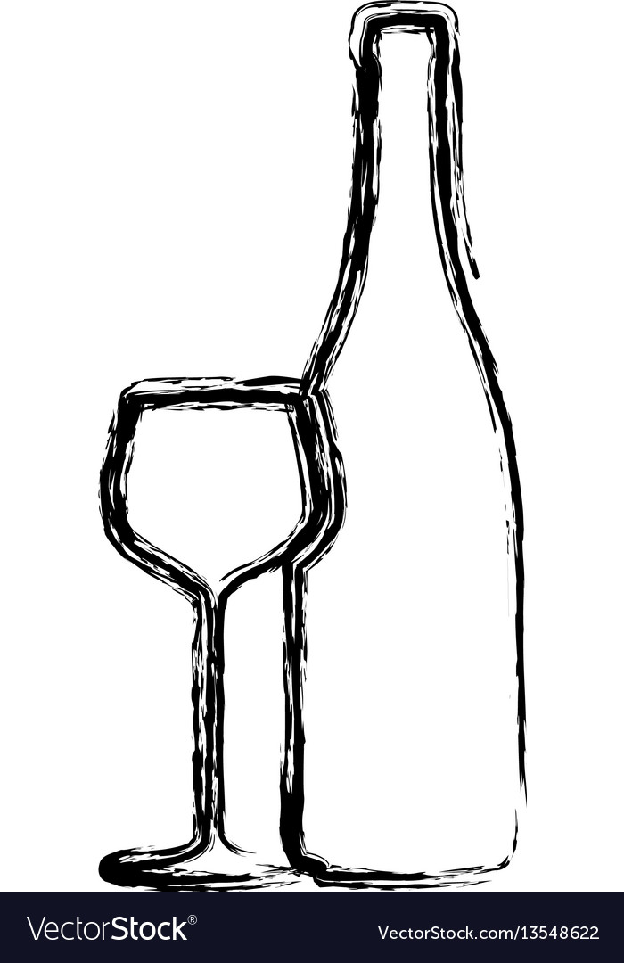 Blurred sketch contour wine bottle and glass cup