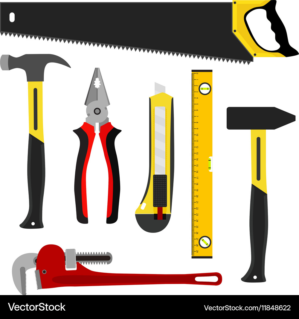 Set tools worker kit construction items in flat Vector Image
