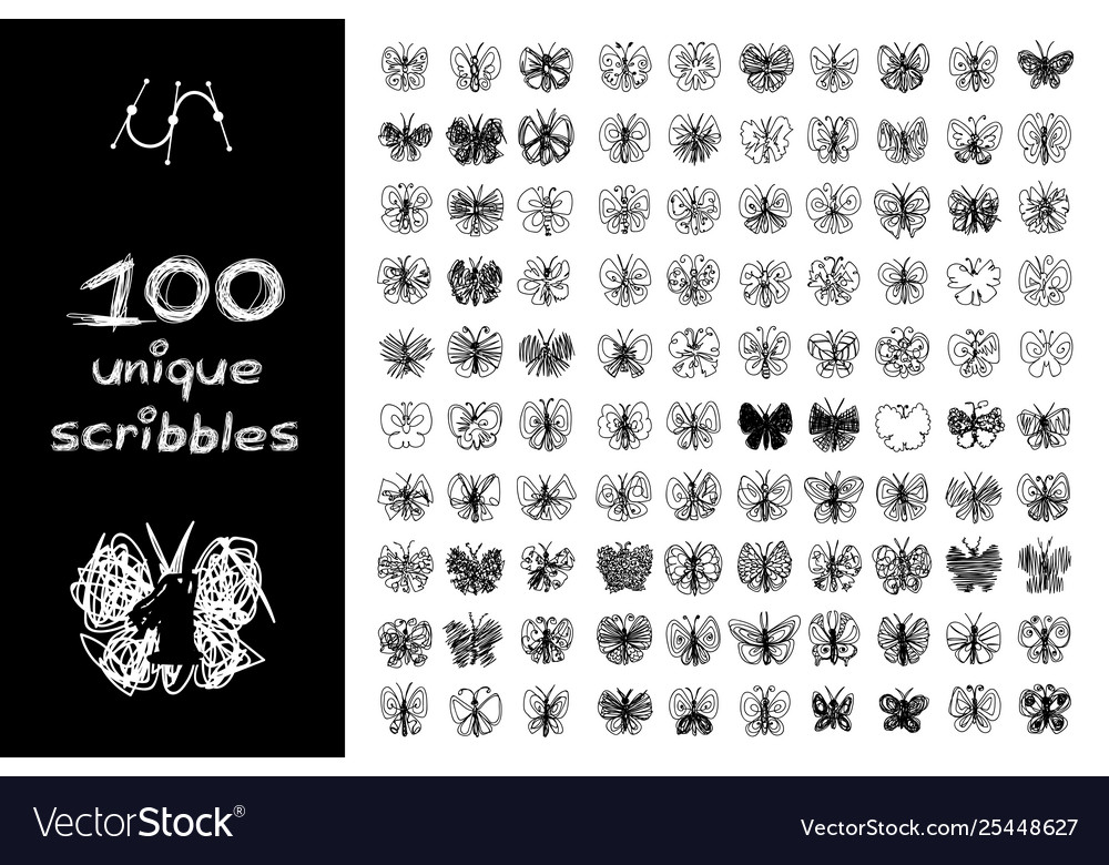 Black 100 scribbles objects set vector image Black 100 scribbles objects set