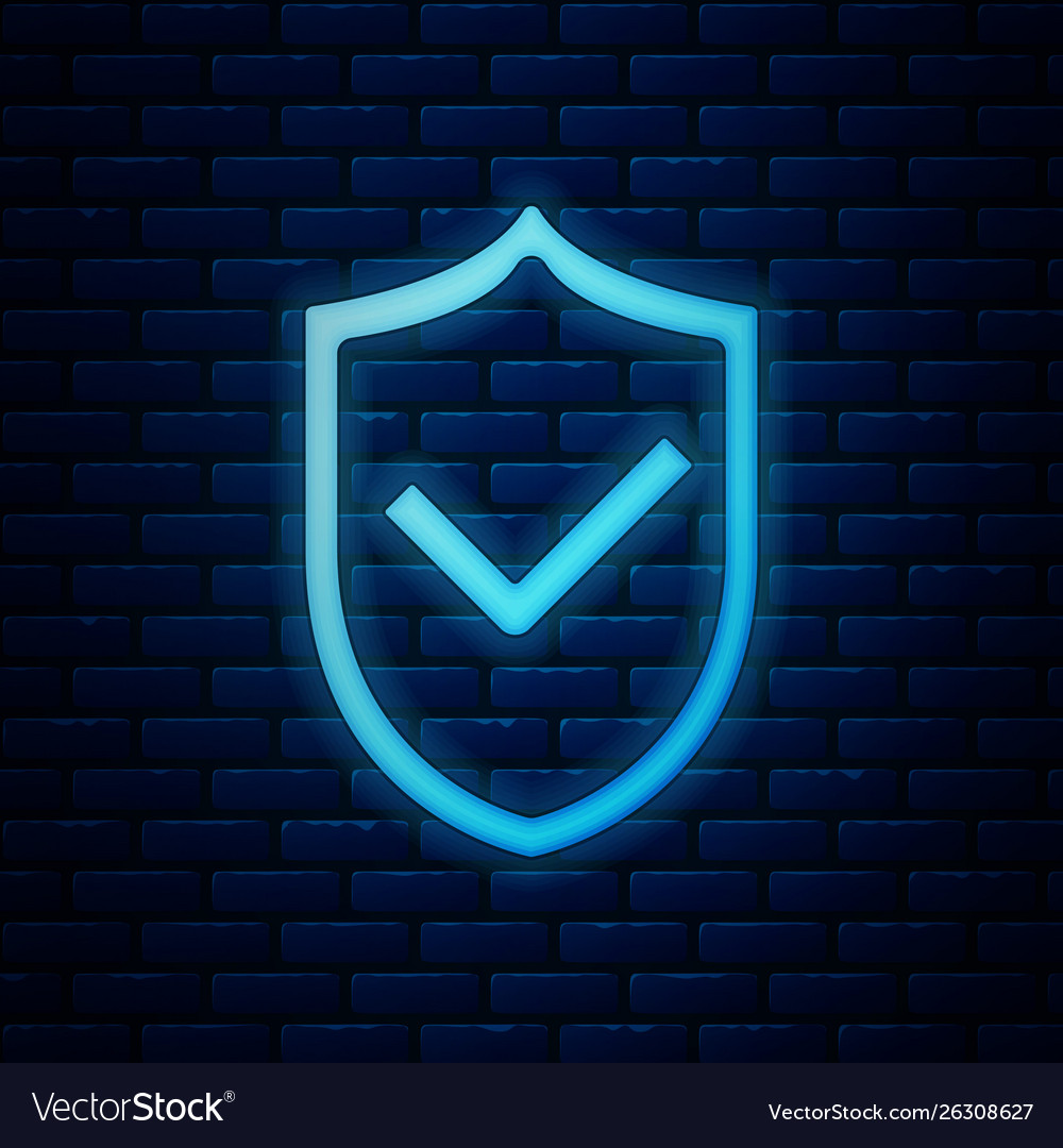 Glowing neon shield with check mark icon isolated