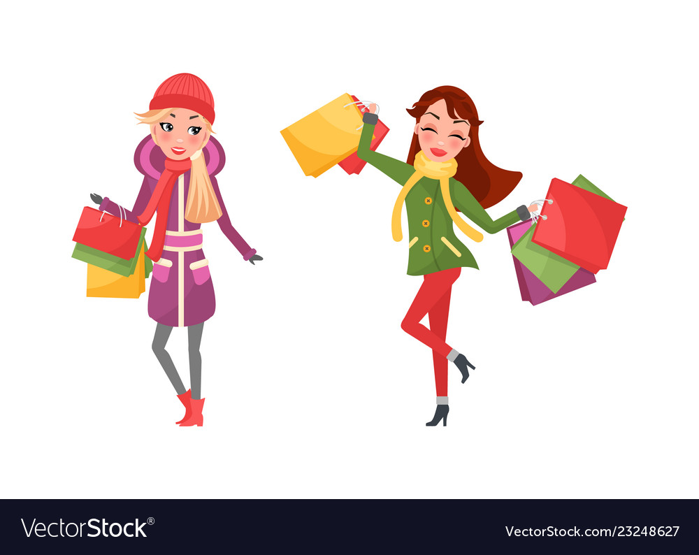 Happy women on shopping isolated females