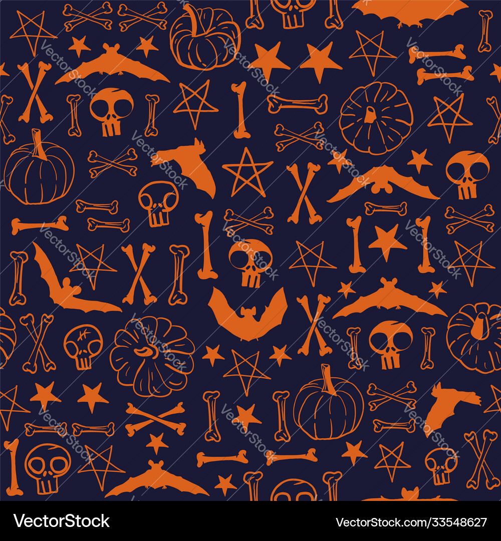 Orange pumpkins bats bones seamless pattern Vector Image