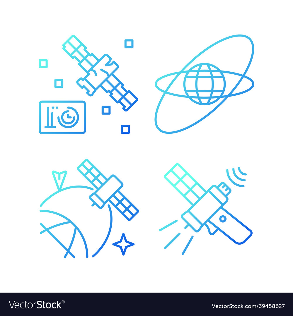 Satellites in space gradient linear icons set